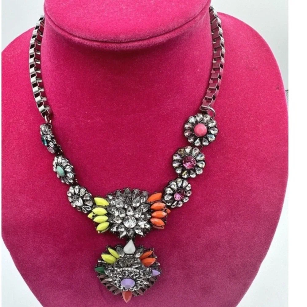 Multi Color Neon Floral Bib Necklace Gunmetal Tone Rhinestone Chunky Indie J-01